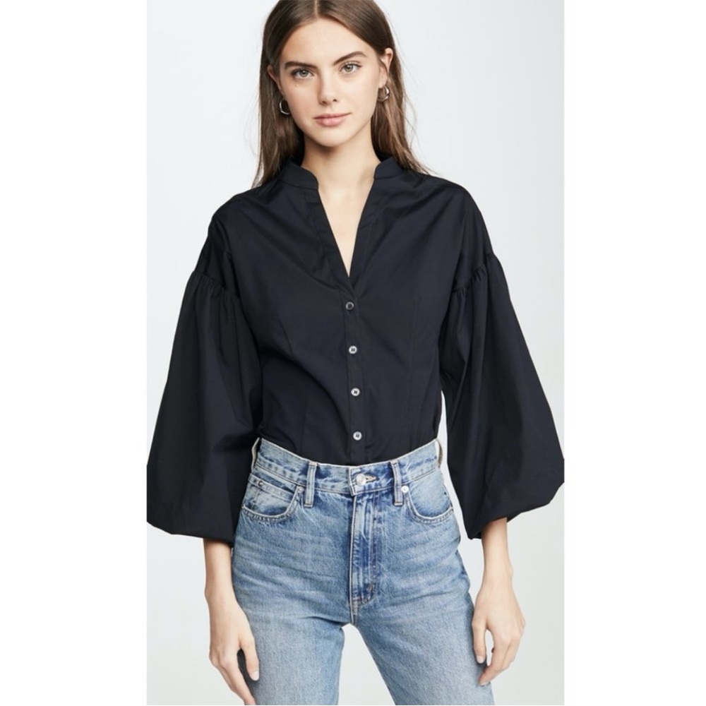 Veronica Beard Aileen Blouse Button Down Puff Drop Sleeve Stretch Poplin Black 4